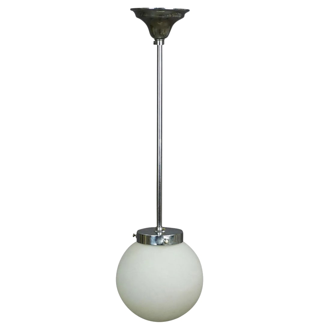 Functionalistic Bauhaus Style Pendant Light With Opaline Glass Shade: Functionalistic Bauhaus Style Pendant Light with Opaline Glass Shade An antique Bauhaus style pendant lamp with a white opaline glass shade and cromium plated metal fitting. The cabling is renewed,