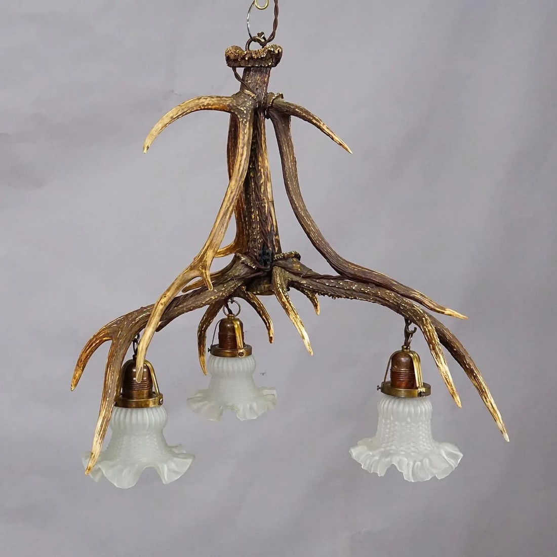 Rustic Black Forest Ceiling Lamp With Deer Antlers 1920s - 2