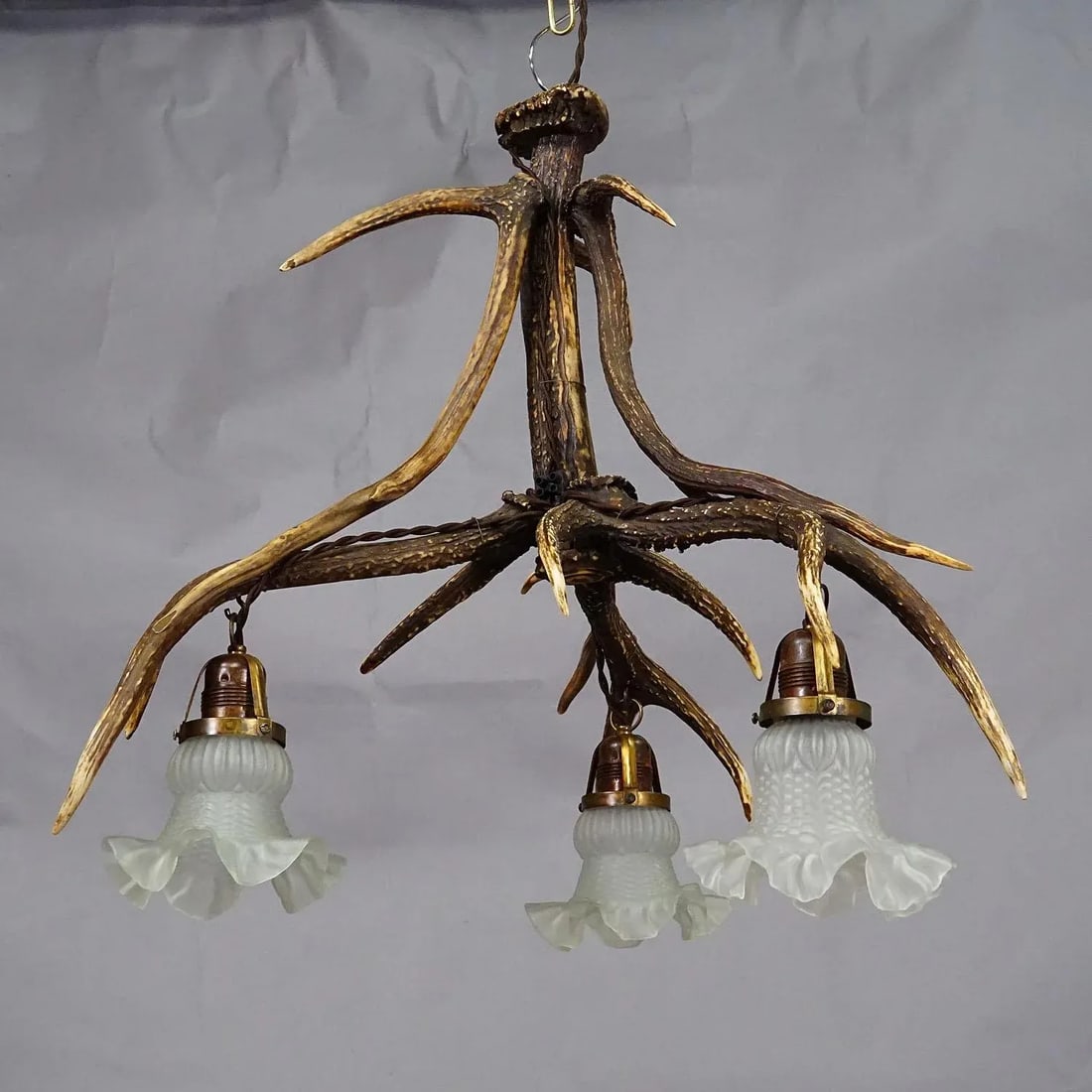 Rustic Black Forest Ceiling Lamp With Deer Antlers 1920s - 3