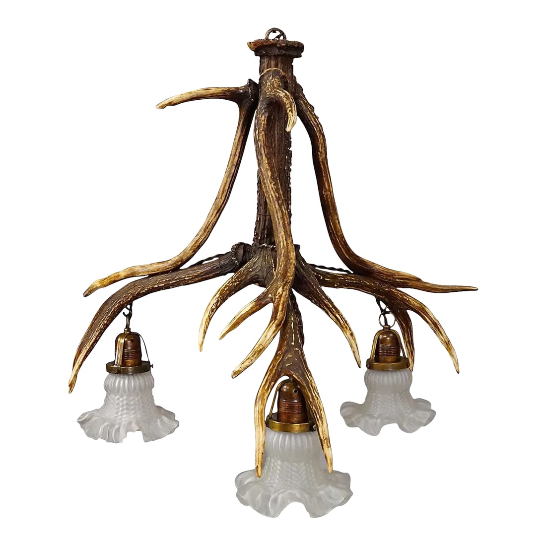 Large Black Forest Ceiling Lamp With Deer Antlers: Large Black Forest Ceiling Lamp with Deer Antlers A large antler chandelier made from assembled deer antlers. The lamp comes with 3 spouts fitted with vintage glass shades. Made in Germany ca. 1920,