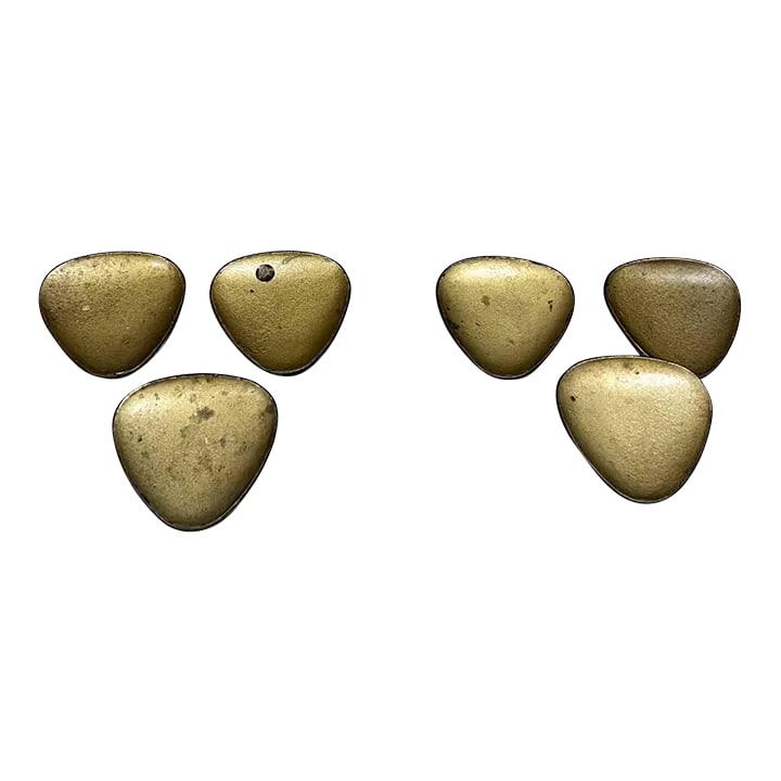 1950s Set of Six Modernist Brass Pull Handle Knobs Carl Aubock Style: For your consideration, Set of Six (6) Modernist Gold Pull Handles Knobs Brass hardware vintage. The USA circa the 1960s. Dimensions: 2" H x 2" W x 1" D Please take a look at our listings. We have an