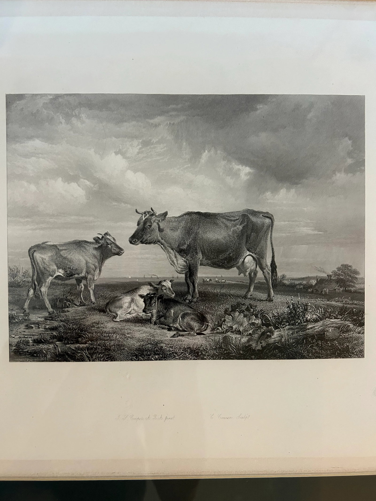 Vintage Intaglio Lithograph of T S Cooper "The Victorian Cow" in Burlwood Frame - 3