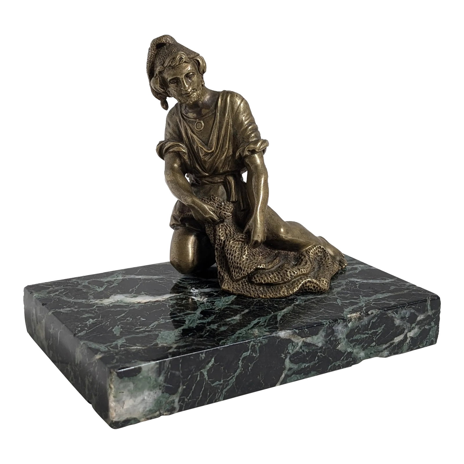 Antique Bronze French Magician Sculpture on Base: Antique Bronze French Magician Sculpture on Marble Base – 5" Tall Add a touch of mystique and sophistication to your space with this finely detailed antique bronze sculpture of a French