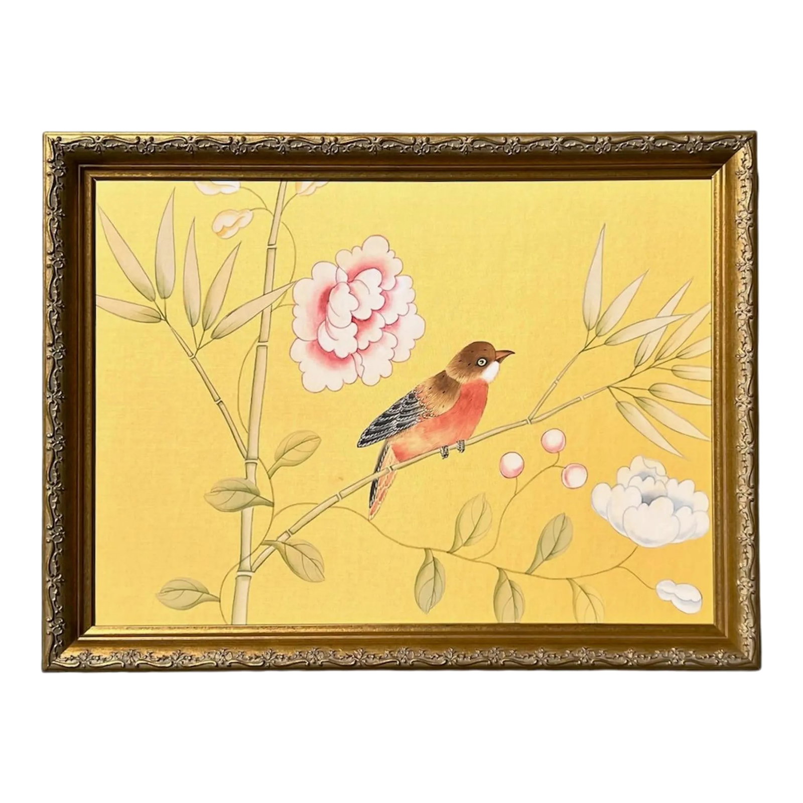 Bird on Branch on Golden Silk Painting.: Framed in solid wood gold-gilt moulding from Italy, this painting on golden yellow silk features a bird on a delicate bamboo branch with a climbing floral vine trellising upwards. The bird and