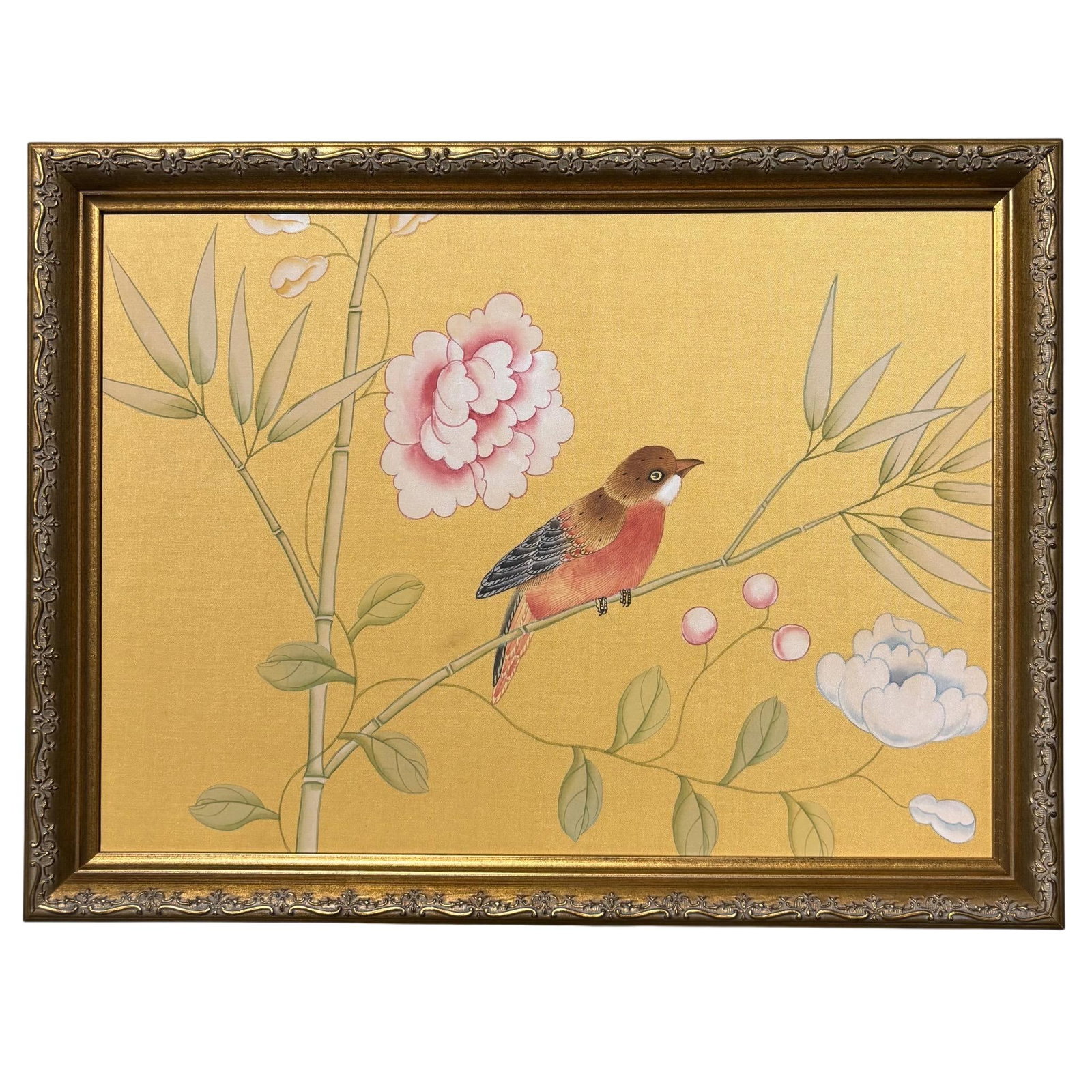 Bird on Branch on Golden Silk Painting. - 2