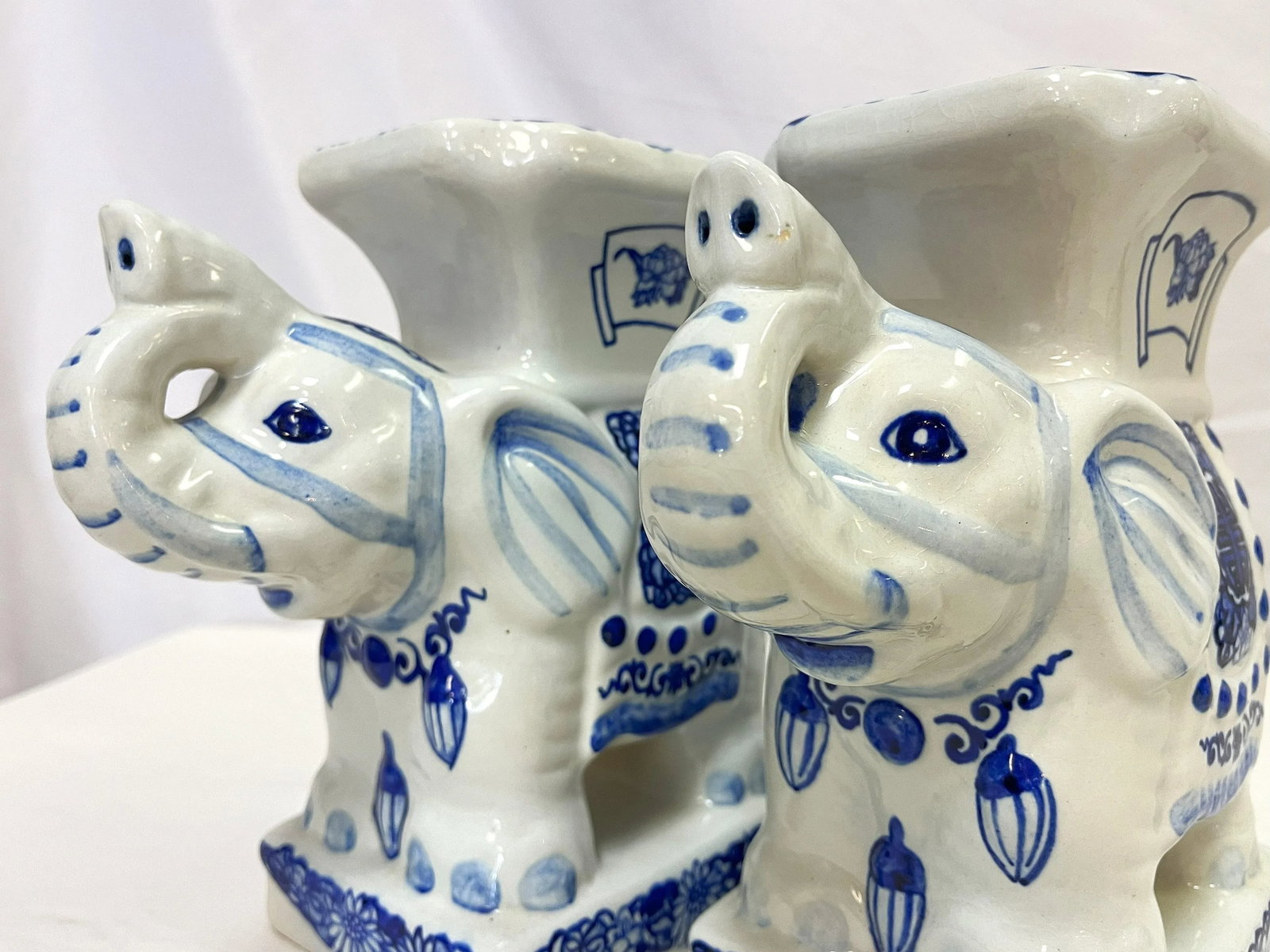 Vintage Blue and White Chinoiserie Ceramic Elephant Plant Stands- a Pair - 12