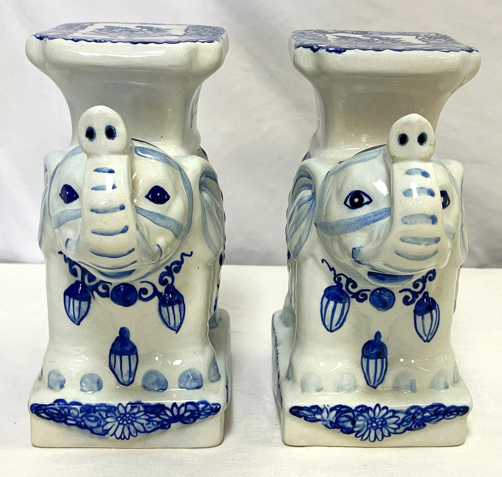 Vintage Blue and White Chinoiserie Ceramic Elephant Plant Stands- a Pair - 2