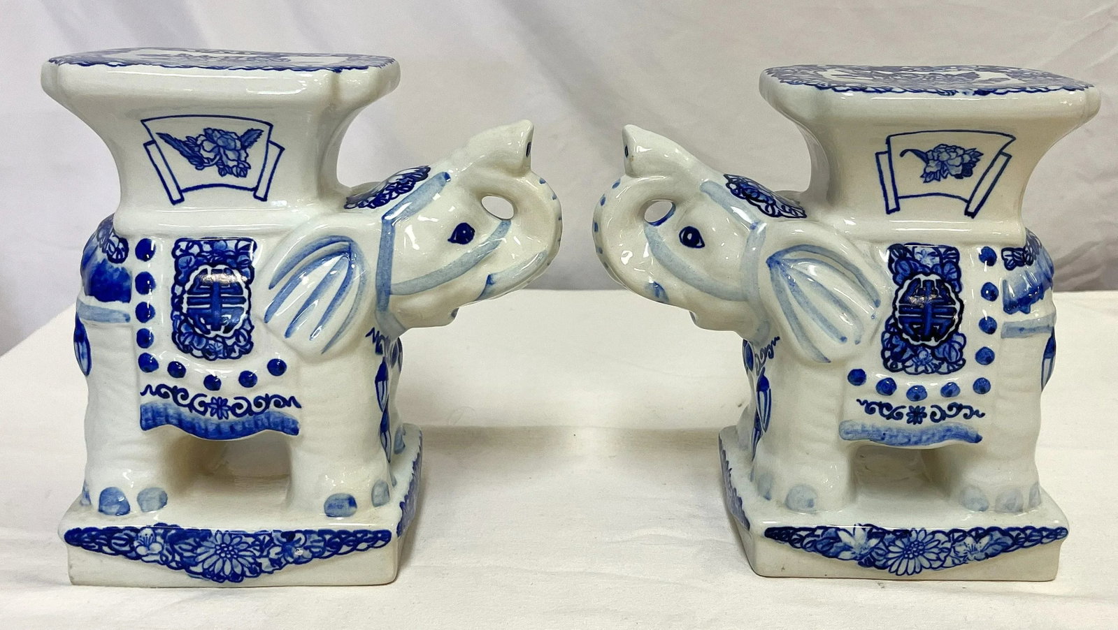 Vintage Blue and White Chinoiserie Ceramic Elephant Plant Stands- a Pair - 3