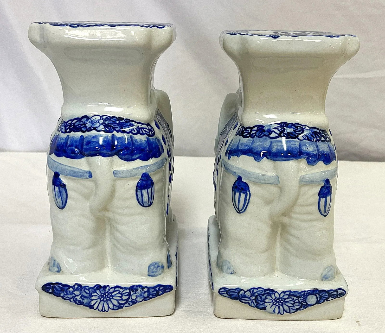 Vintage Blue and White Chinoiserie Ceramic Elephant Plant Stands- a Pair - 4