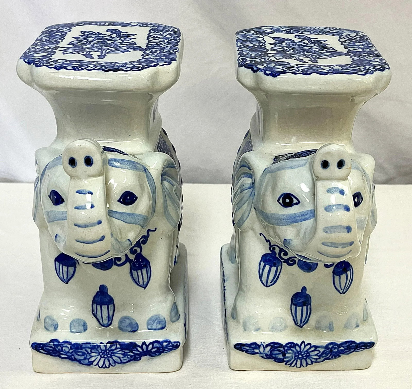 Vintage Blue and White Chinoiserie Ceramic Elephant Plant Stands- a Pair - 5