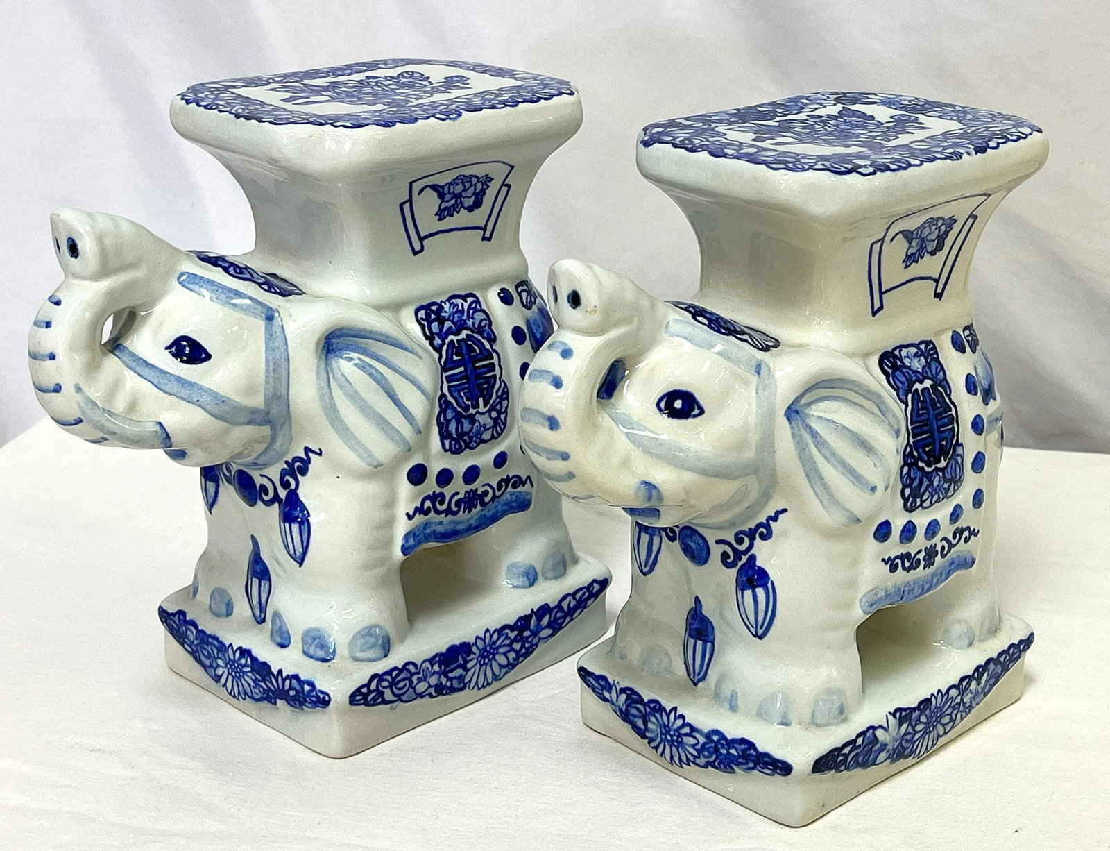 Vintage Blue and White Chinoiserie Ceramic Elephant Plant Stands- a Pair - 6