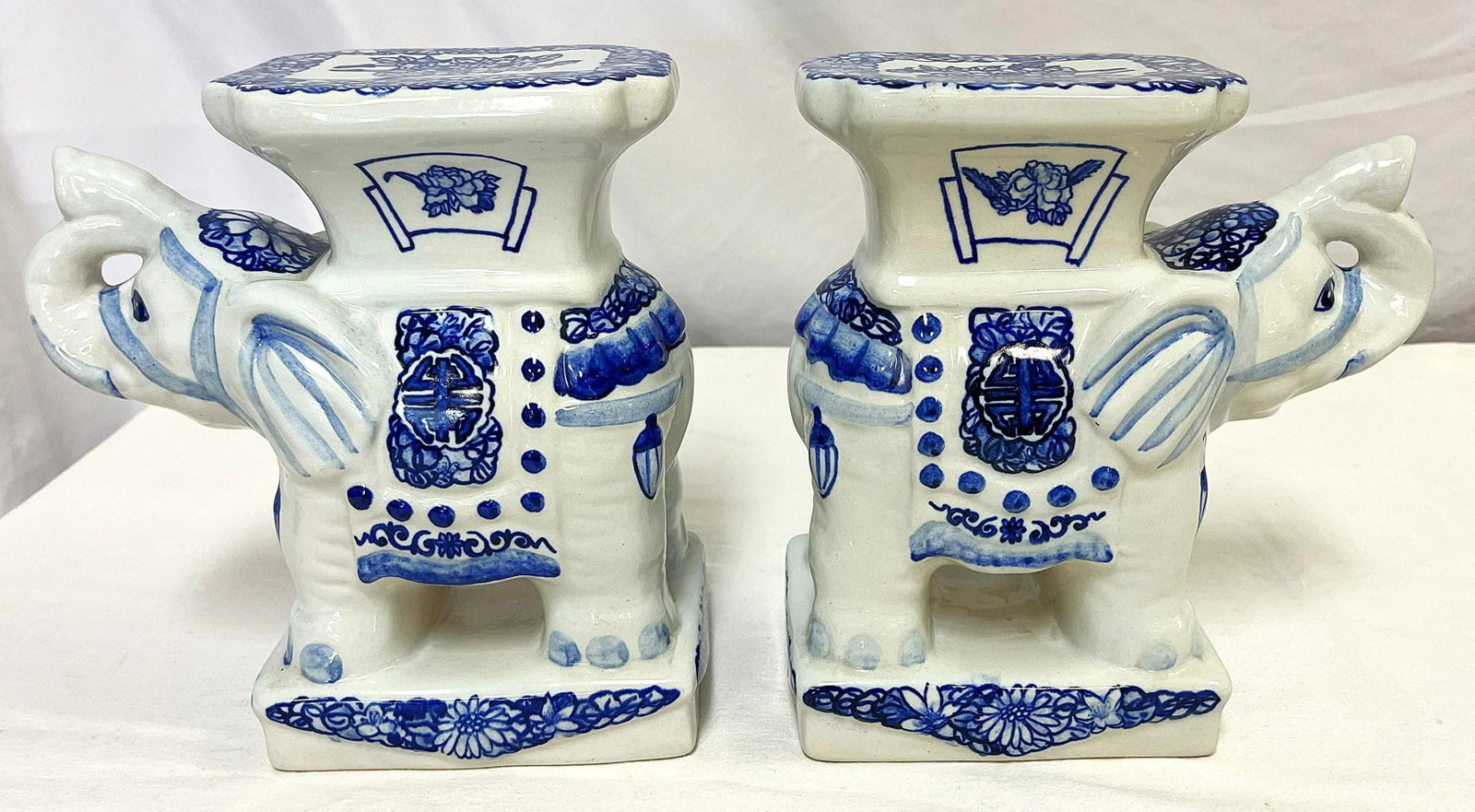 Vintage Blue and White Chinoiserie Ceramic Elephant Plant Stands- a Pair - 7