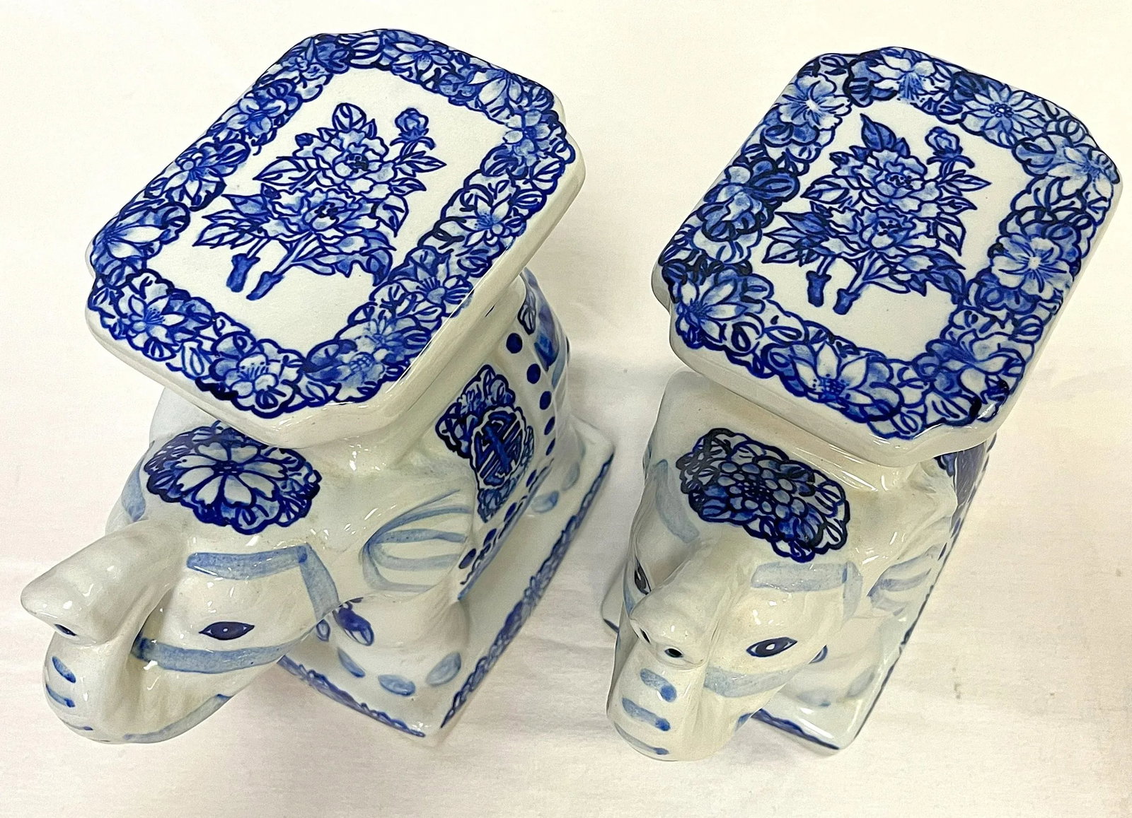 Vintage Blue and White Chinoiserie Ceramic Elephant Plant Stands- a Pair - 8