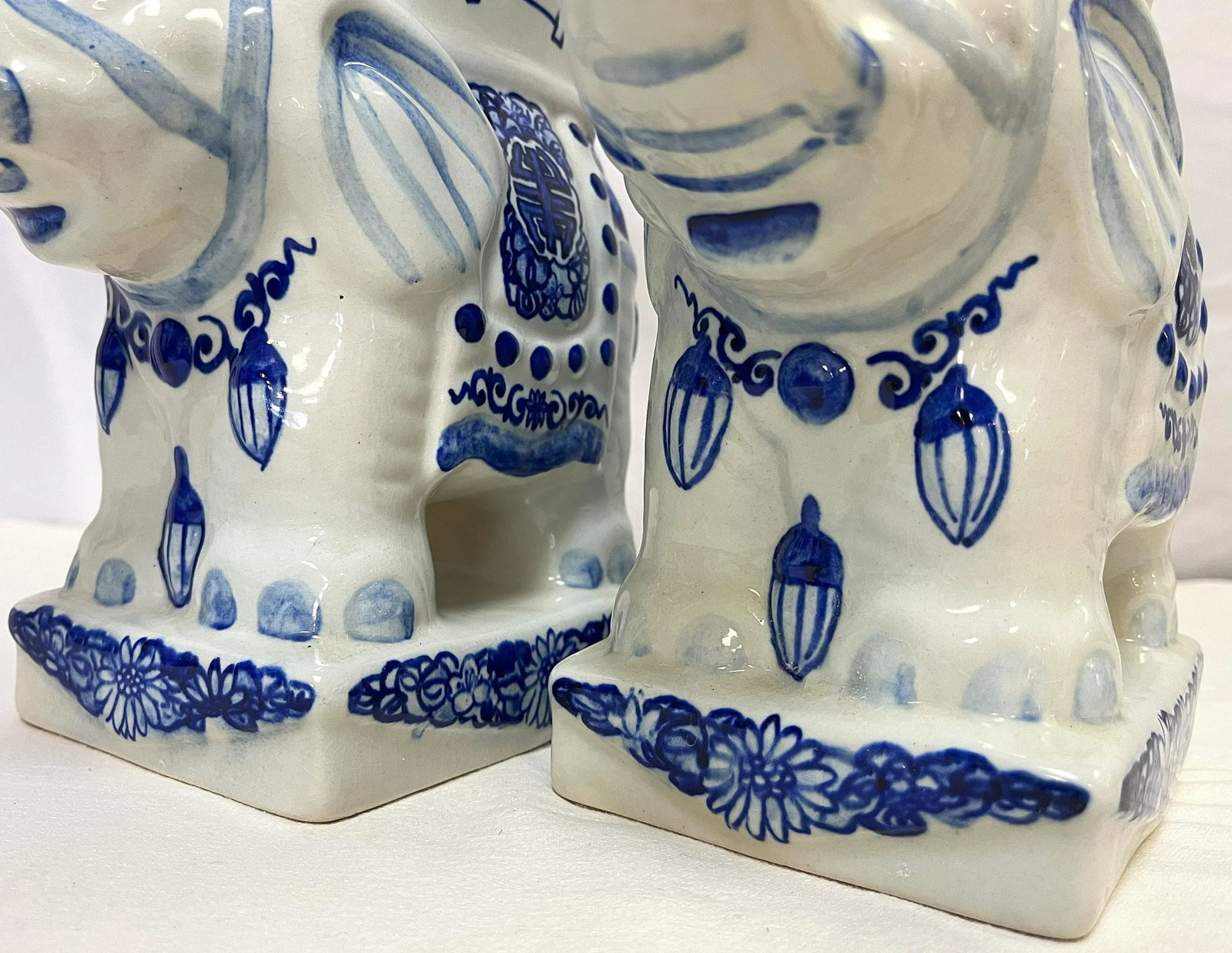 Vintage Blue and White Chinoiserie Ceramic Elephant Plant Stands- a Pair - 9