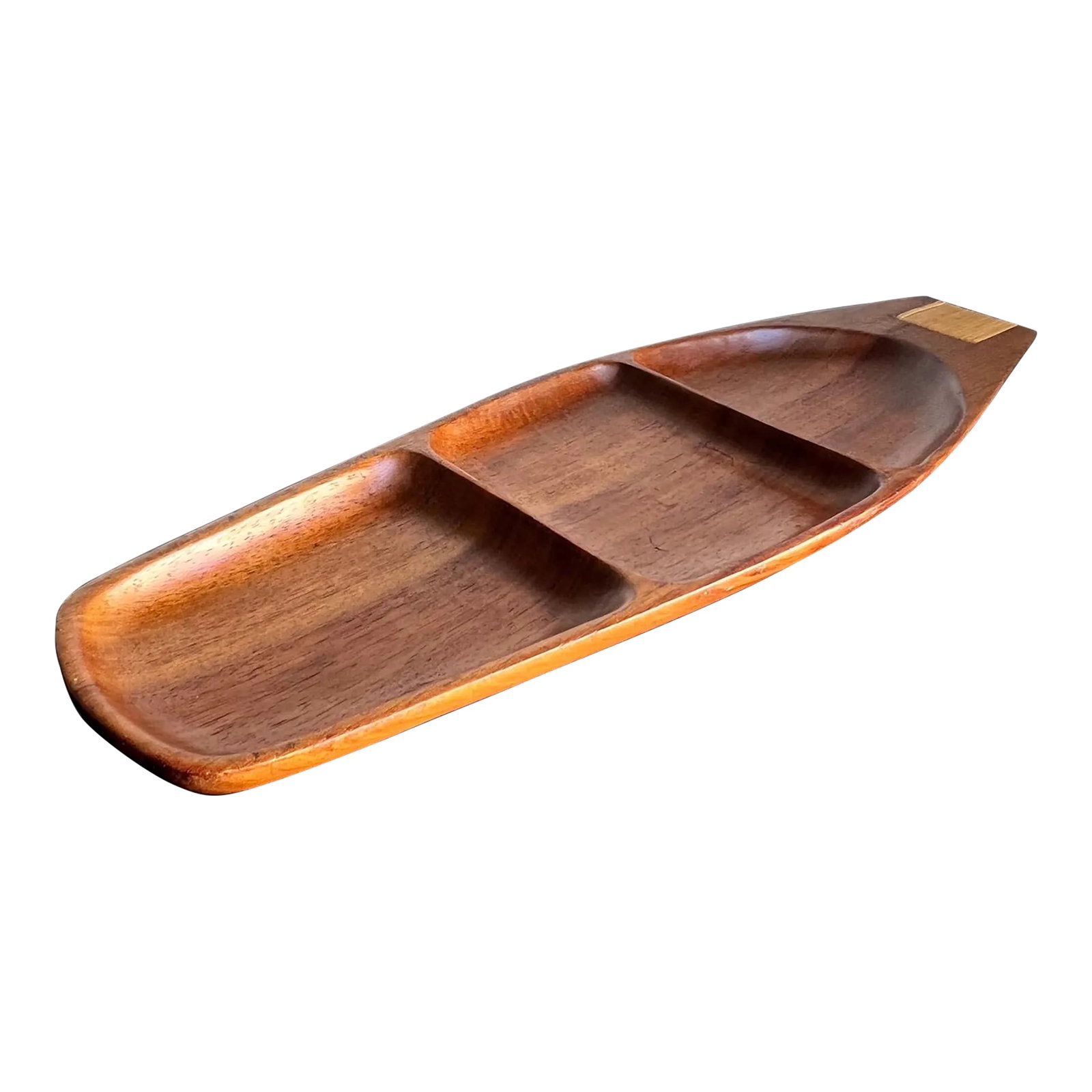 Mid-Century Modern Arthur Umanoff for Raymor Sectioned Wood Serving Tray: For your consideration, a three sectioned wood surfboard tray wrapped cane detail. USA circa the 1950s. Arthur Umanoff for Raymor label present. Dimensions: 19.88' L x 6" W x .88" H Please visit take 