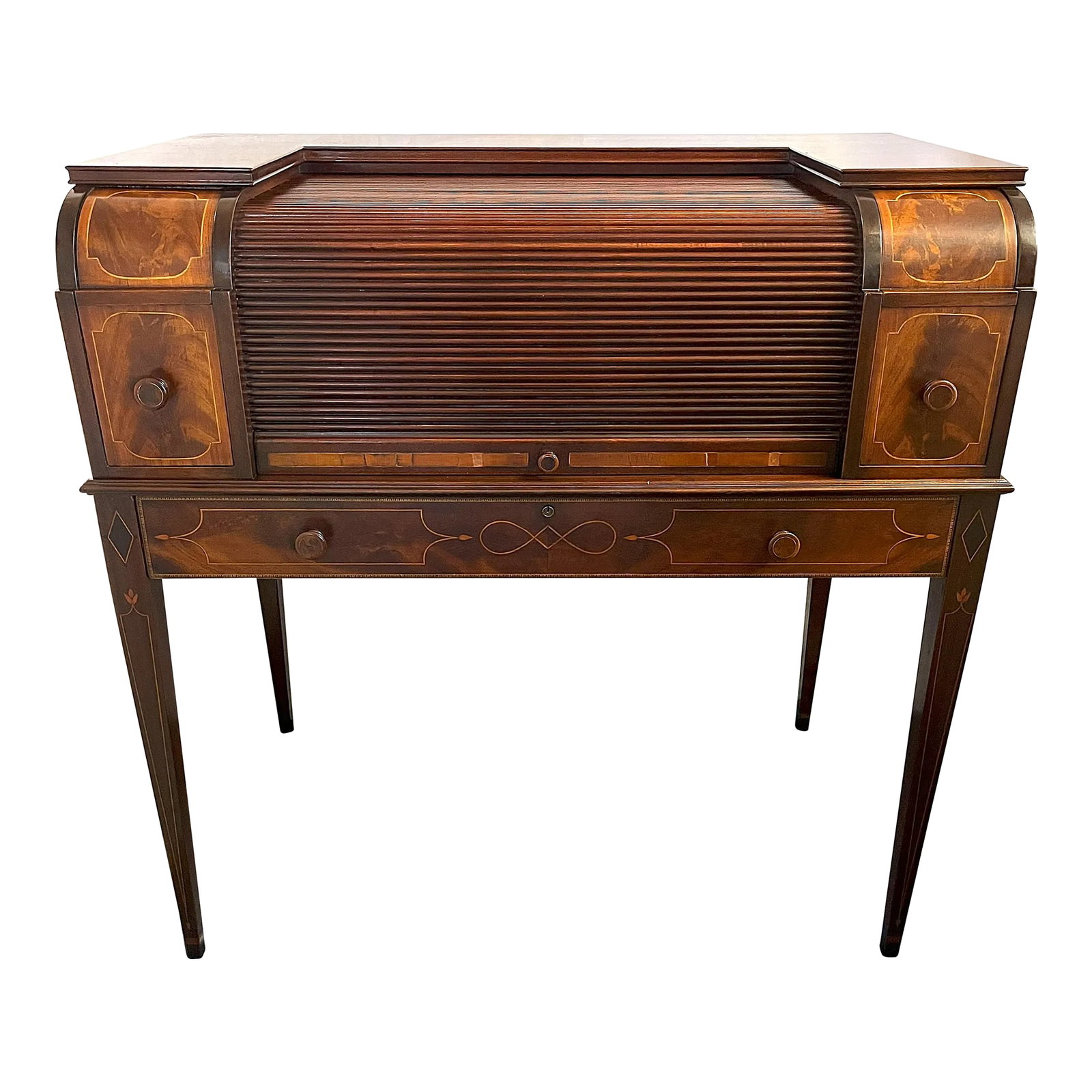 Rare 1930's Numbered Charak Furniture Hepplewhite Revival Rolltop Desk: Rare handcrafted Hepplewhite Revival rolltop desk by Charak Furniture Company of Boston, Massachusetts from 1930. The piece is beautifully constructed of mahogany with flame and satinwood inlaid