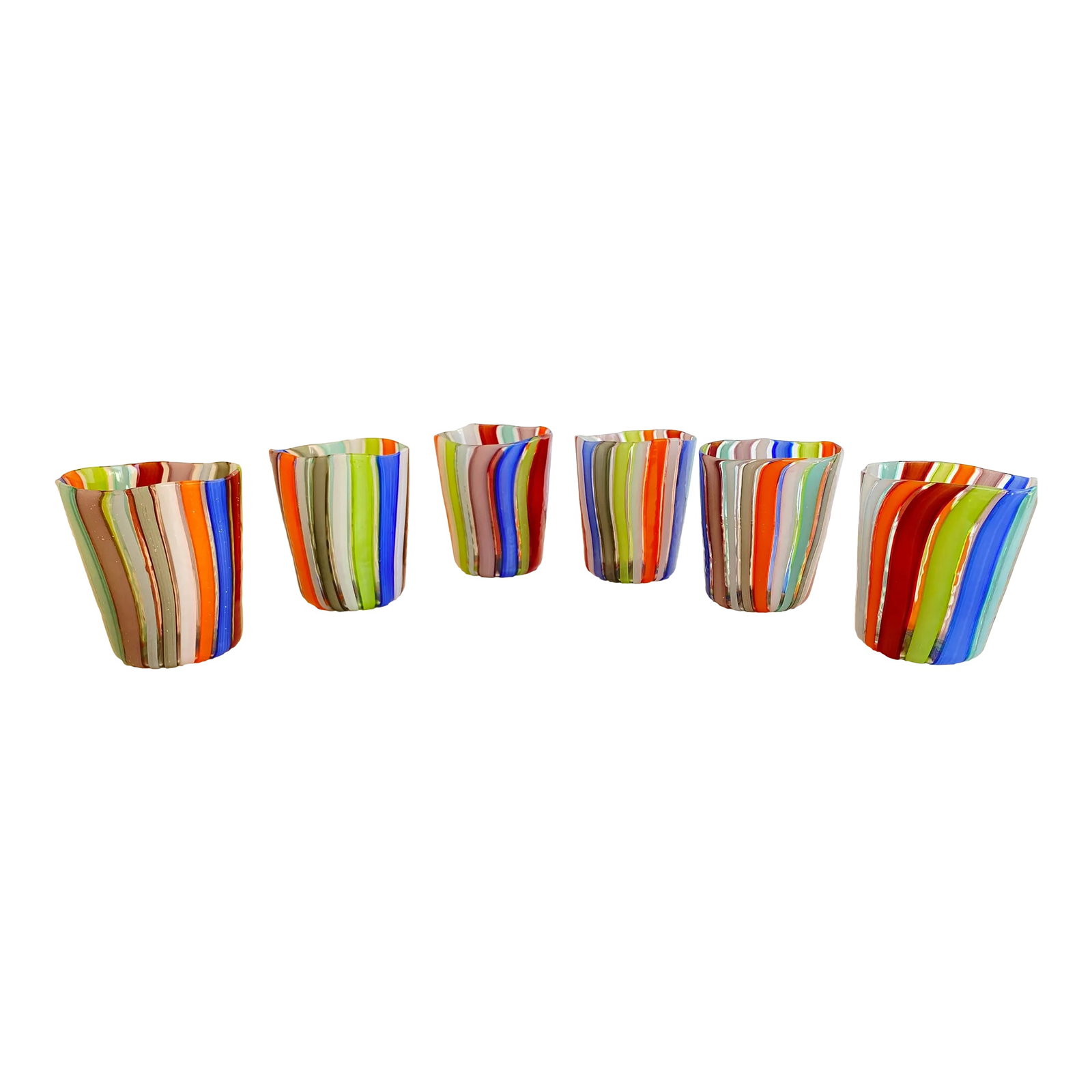 Set of 6 Contemporary Multicolored Murano Style Glasses: Lively Murano glass attributed set of glasses made with "canne". each one is different fron another all made in itakly, made in murano glass H 10 cm D 8.5cm/H 3.9" D.3.4" Condition: Alterations: