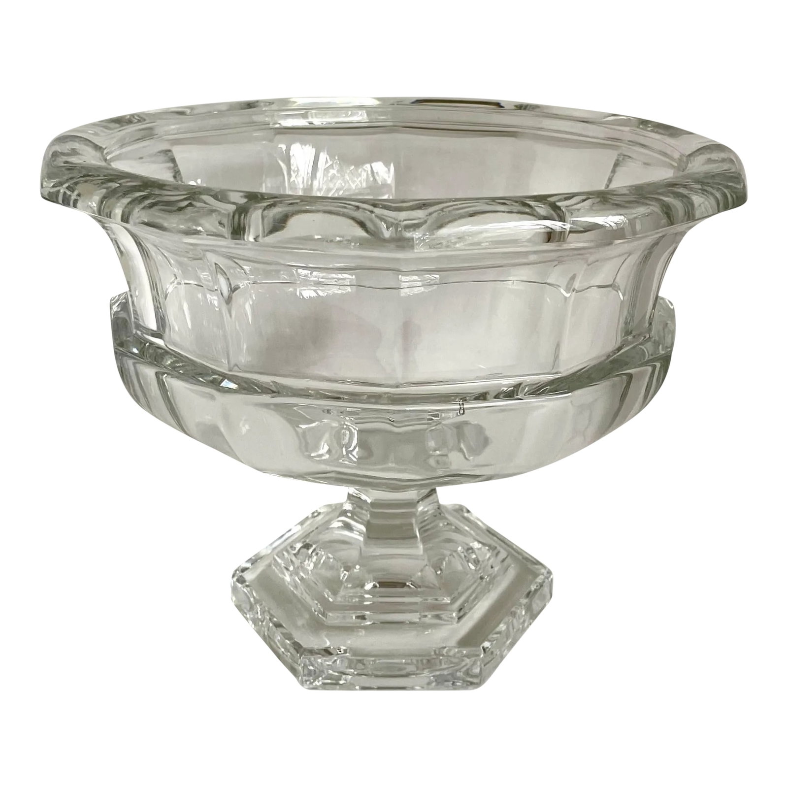 1950's Art Deco Crystal Pedestal Centerpiece Bowl: Here is an amazing thick crystal bowl made in Germany in the mid-century. The bowl is extremely elegant with a geometric design that reflects the light beautifully. The bowl has a striking pedestal