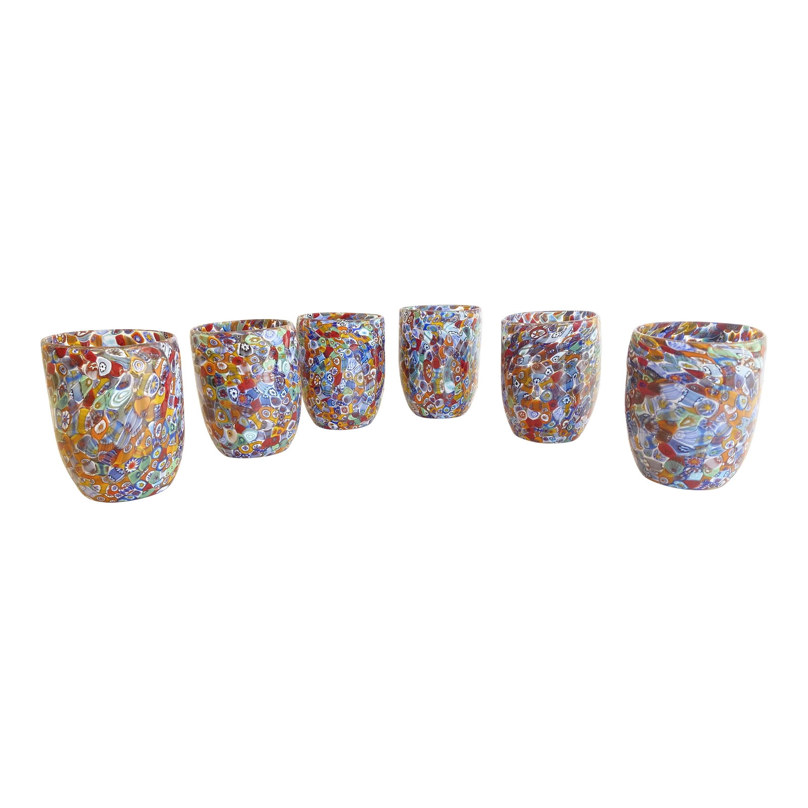 Set of 6 Multicolor Floral Murrine Glasses in the Style of Murano Glass: Lively Murano glass Attributed set of glasses made with "murrine". each one is different fron another all made in itakly, made in Murano glass H 10 cm D 8 cm/H 3.9" D.3.1" Condition: Alterations: