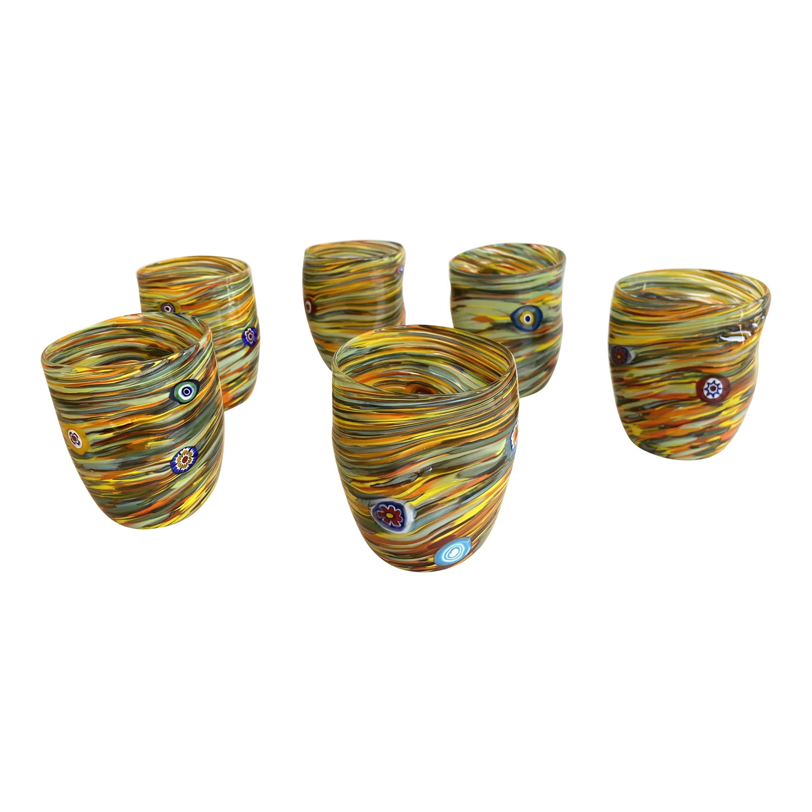 Multicolor Rods and Murrine Glasses Attributed to Murano- Set of 6: Contemporay shenographic set of glasses. Each one is different from another one. Attributed to Murano glass. Full of colors, fruit of hight italian craftmanship exclusive lively design by Simoeng H