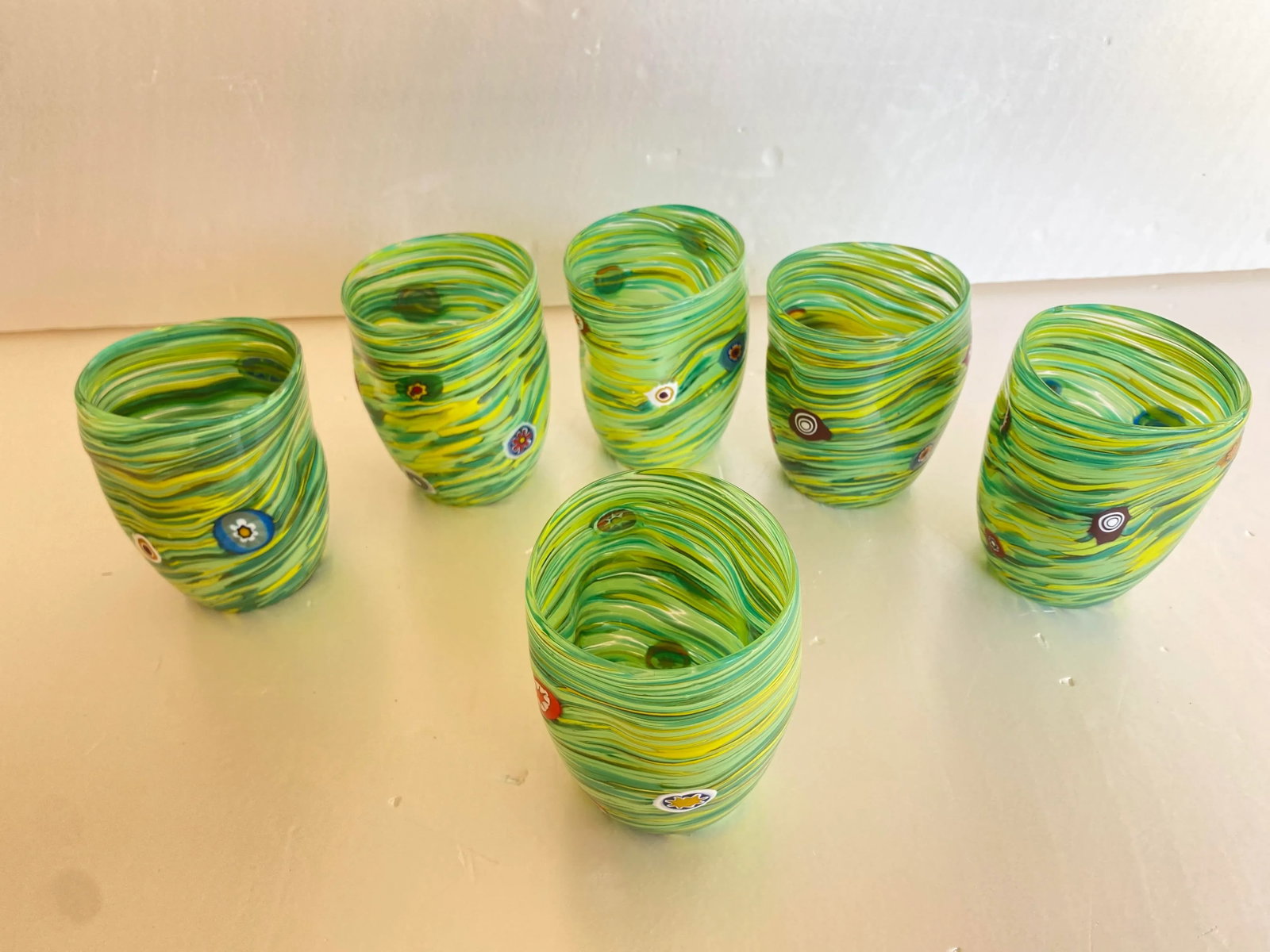Green Rods and Murrine Glasses Attributed to Murano- Set of 6 - 2