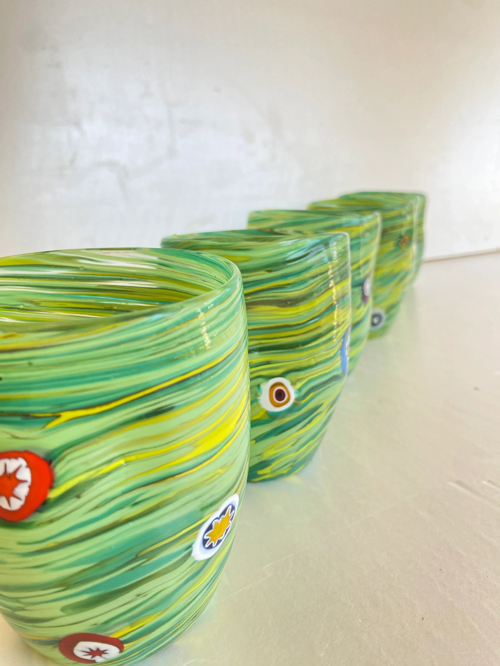 Green Rods and Murrine Glasses Attributed to Murano- Set of 6 - 4