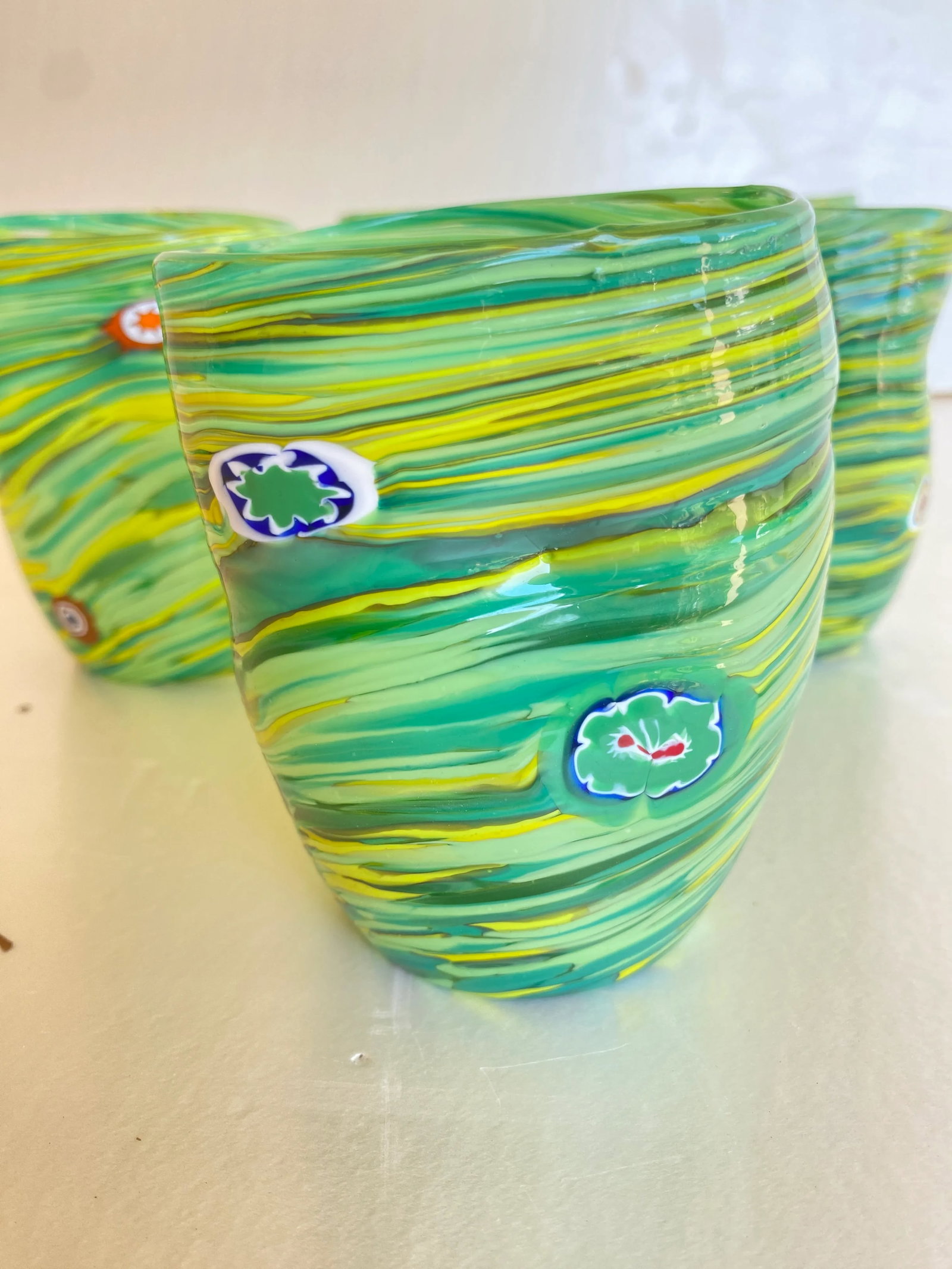Green Rods and Murrine Glasses Attributed to Murano- Set of 6 - 7