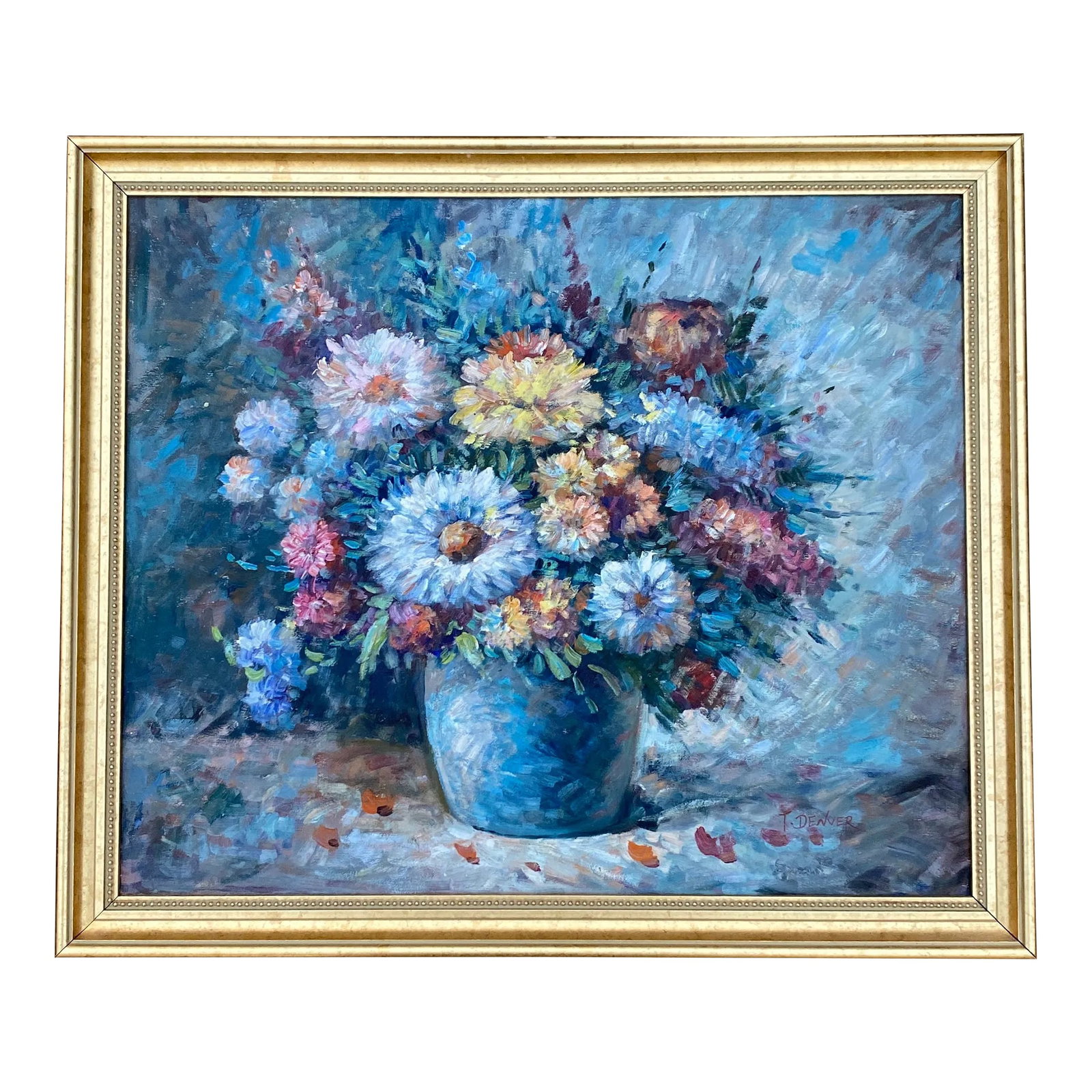 Vintage Floral Still Life Oil on Canvas Signed Denver ~ Framed: Beautiful floral, still life, original painting, great color, great size In a gold frame Condition: Alterations: Original Condition Unaltered Imperfections: Some Imperfections Condition Notes: In