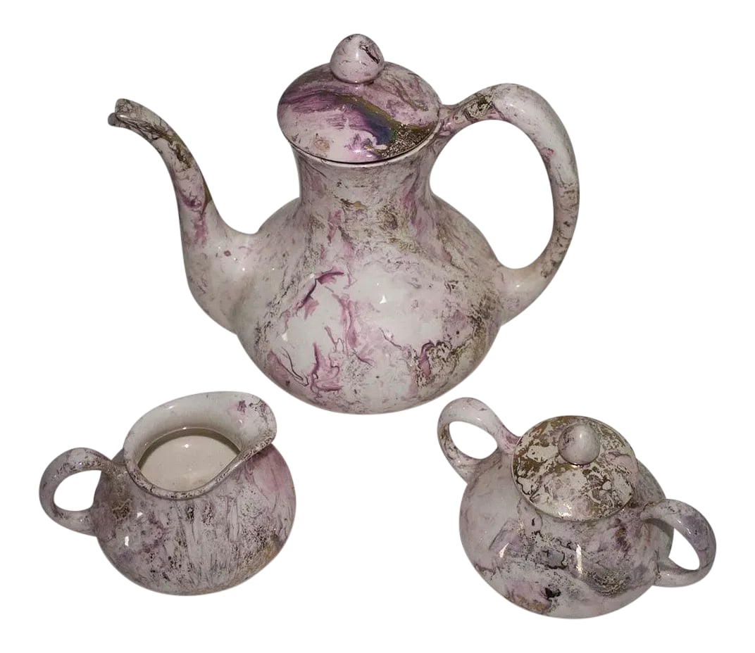 Mid-Century Sascha Brastoff Coffee Pot Creamer & Sugar Pink Surf Ballet - Set of 3 (1 of 5)