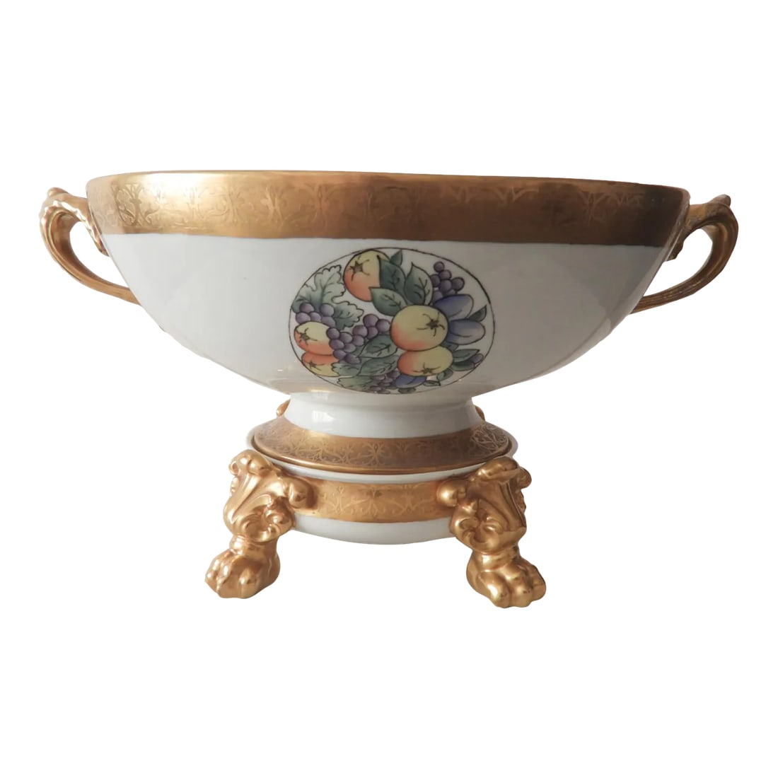 1900s Antique J. P. Limoges Nippon Art Deco Fruit Punch Bowl With Gold Gilt Pedestal Champagne Bucke: This marvelous Limoges/Nippon punch bowl and pedestal are created in gorgeous white porcelain with large ribbons of gold gilt around the edges, as well as the feet of the pedestal, all in the Art Deco