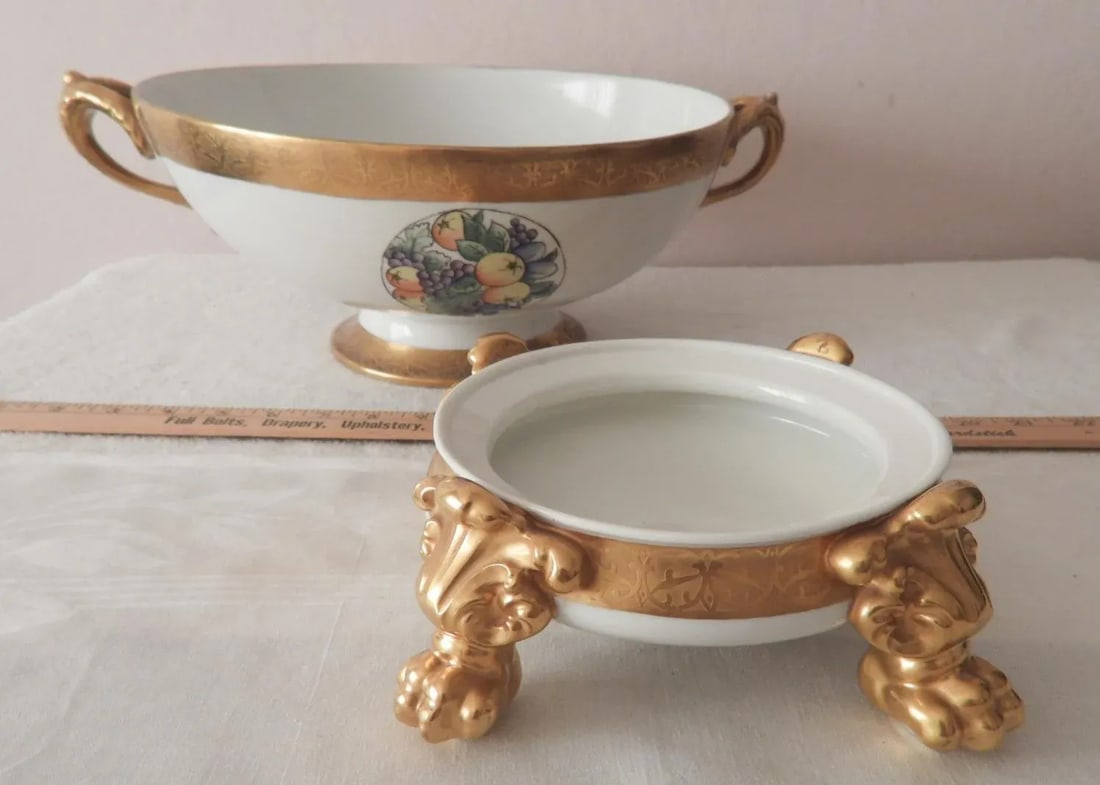 1900s Antique J. P. Limoges Nippon Art Deco Fruit Punch Bowl With Gold Gilt Pedestal Champagne Bucke - 2