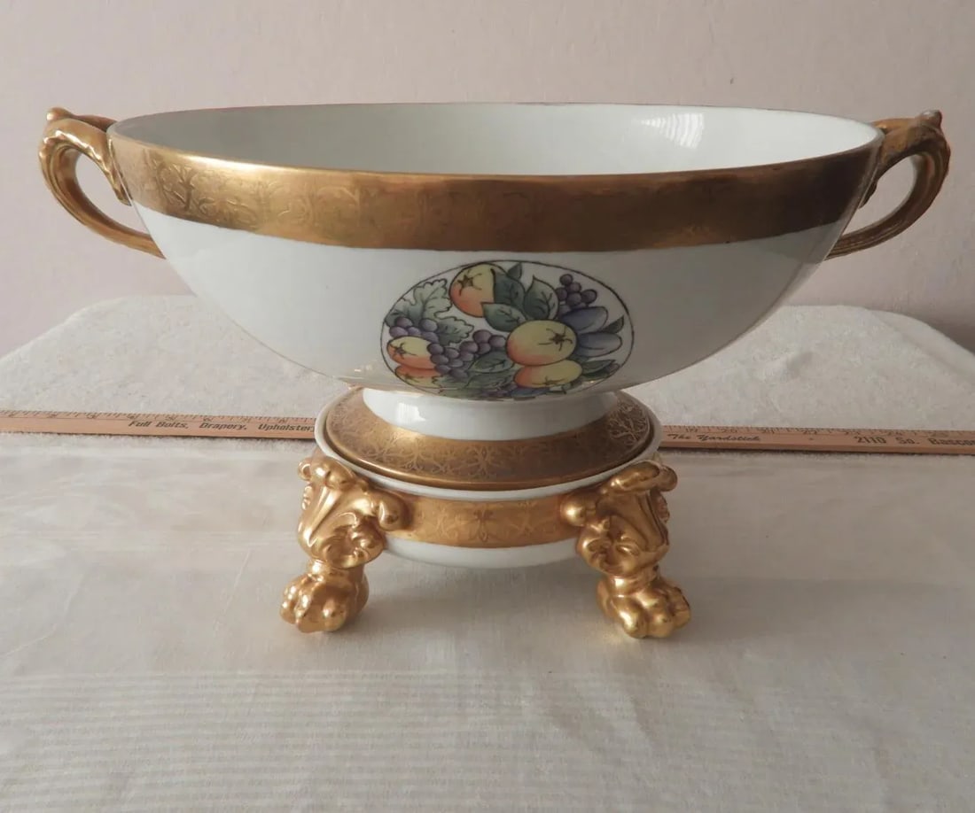 1900s Antique J. P. Limoges Nippon Art Deco Fruit Punch Bowl With Gold Gilt Pedestal Champagne Bucke - 8