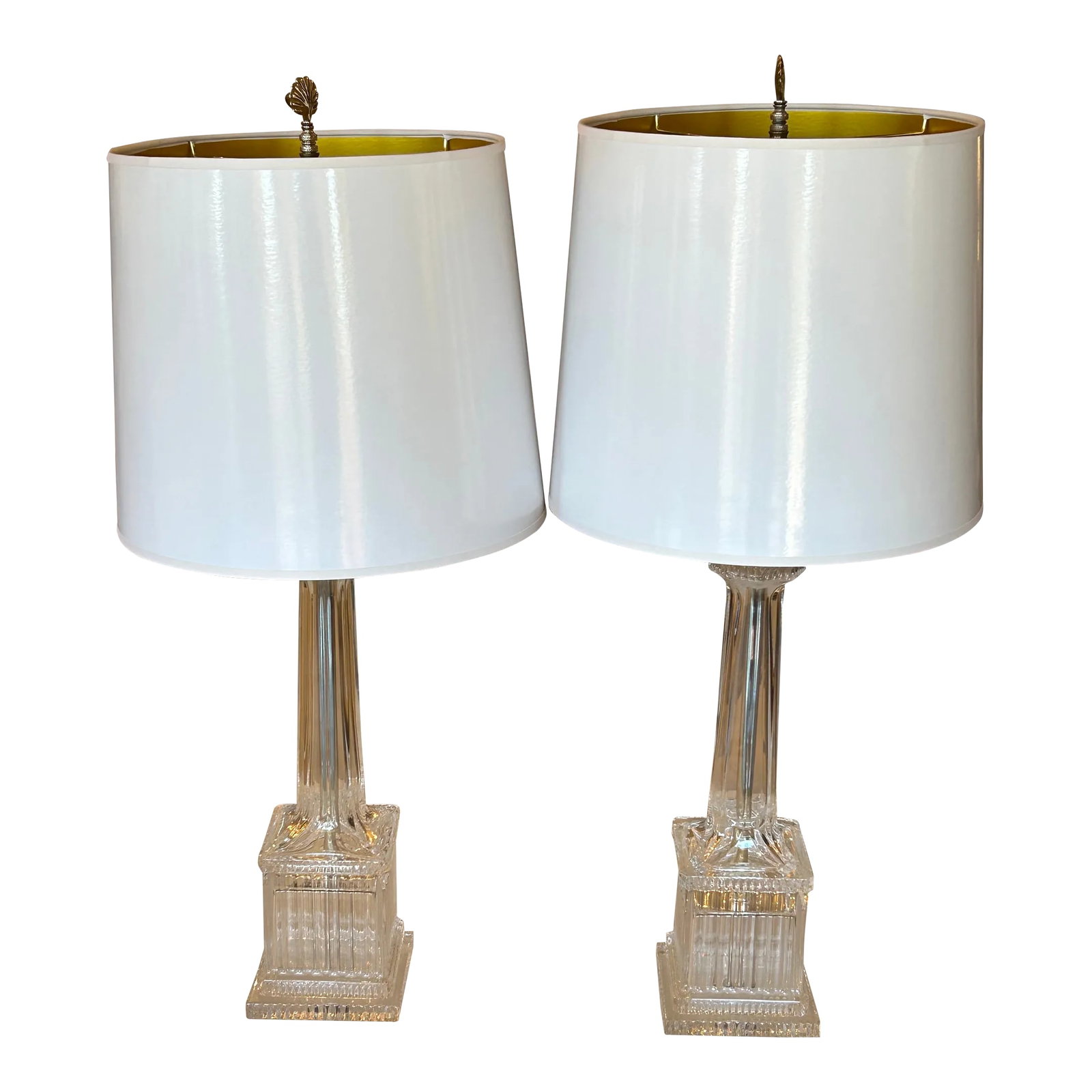 Fluted Crystal Vintage Adjustable Table Lamps -A Pair: Glamorous large fluted glass/ crystal table lamps having an elegant neoclassical feel. The 2 bulb sockets are adjustable and so is the height of the lamp. The rod can be moved up and down to