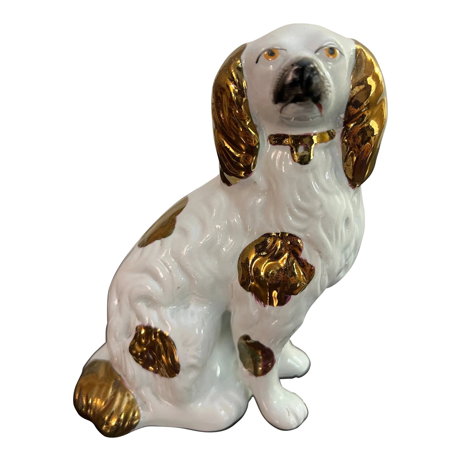 Antique Copper Lustre Decorated Staffordshire Dog, Circa 1860's: A Antique Copper Lustre Decorated Staffordshire Dog, Circa 1860's Made in Staffordshire, England circa 1860's Copper Lustre overglaze cold paint, over glazed earthenware. Size: 5 1/2" by 3 1/4", and