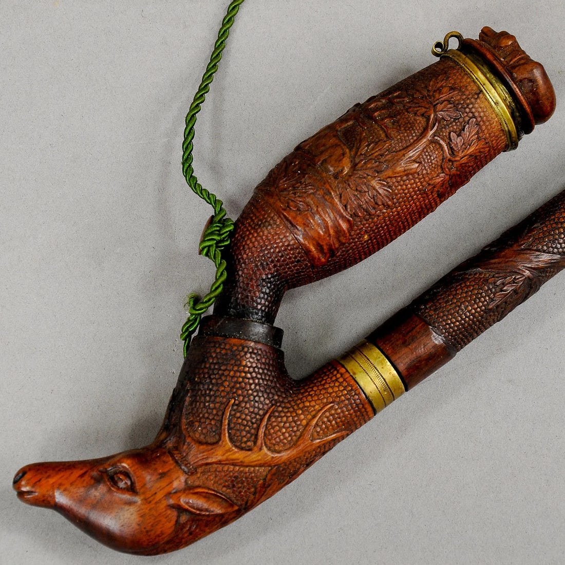 Antique Carved Wood Tobacco Pipe With Excellent Dog and Deer Head Carving - 7