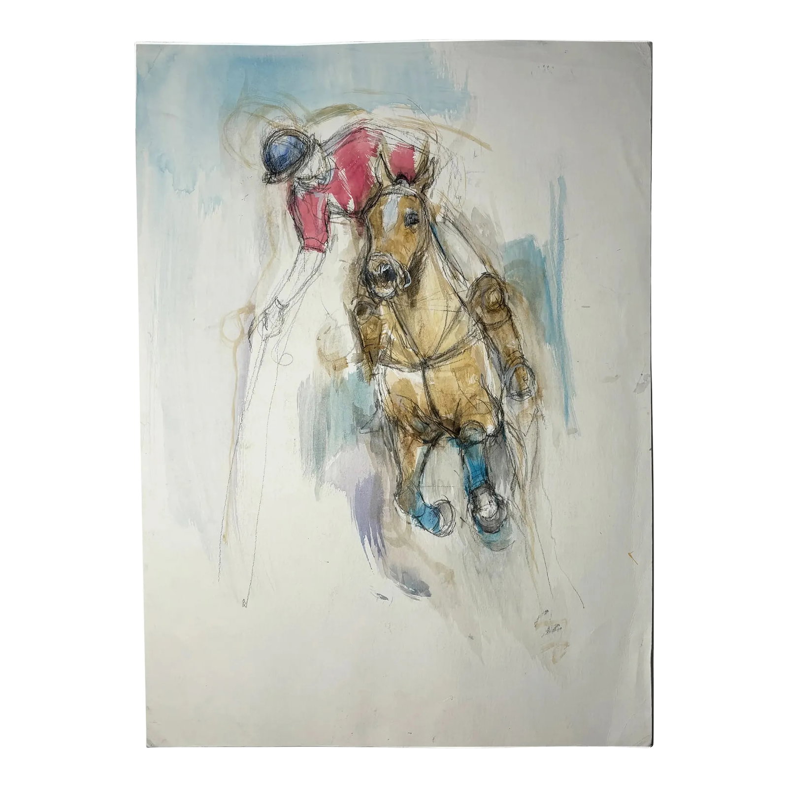 1990s "Study of a Polo Pony" British Sporting Art Equestrian Abstract Horse Mixed Media Watercolor o: Here is an original late 20th century abstract art piece of a polo pony and rider by an unknown British sporting artist, in the style of popular contemporary equestrian artists such as Jeaneen