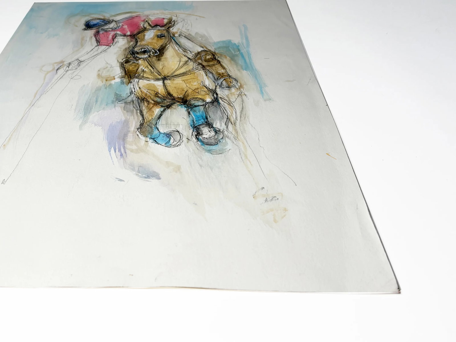 1990s "Study of a Polo Pony" British Sporting Art Equestrian Abstract Horse Mixed Media Watercolor o - 3
