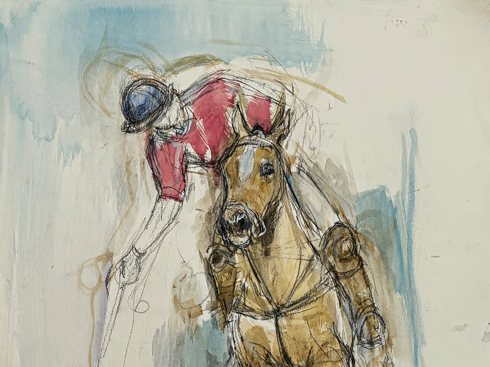 1990s "Study of a Polo Pony" British Sporting Art Equestrian Abstract Horse Mixed Media Watercolor o - 4