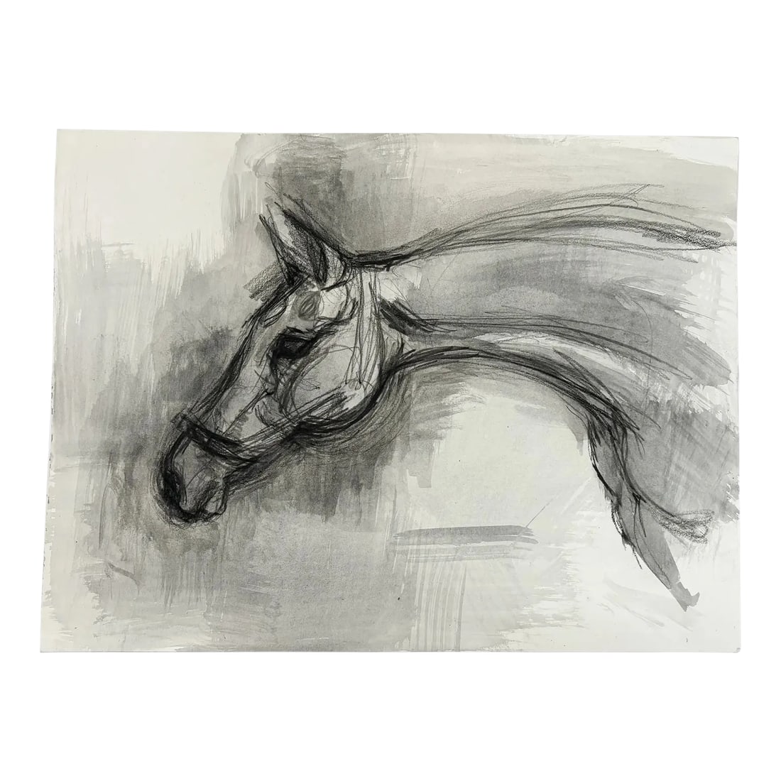 1990s "Horse Portrait Study in Black and White" British Sporting Art Equestrian Abstract Mixed Media: Here is an original late 20th century abstract portrait study of a horse by an unknown British sporting artist, in the style of popular contemporary equestrian artists such as Jeaneen Barnhart and