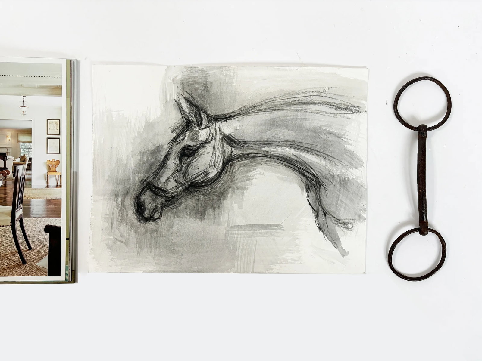 1990s "Horse Portrait Study in Black and White" British Sporting Art Equestrian Abstract Mixed Media - 2