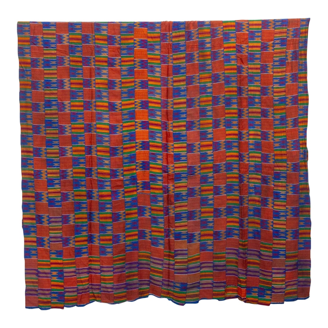 Asante Kente a Majestic Silk Masterpiece: This extraordinary Asante Kente cloth is a true masterpiece of textile art. Handwoven from luxurious silk, it commands attention with its impressive size (75" x 130") and breathtaking design. The