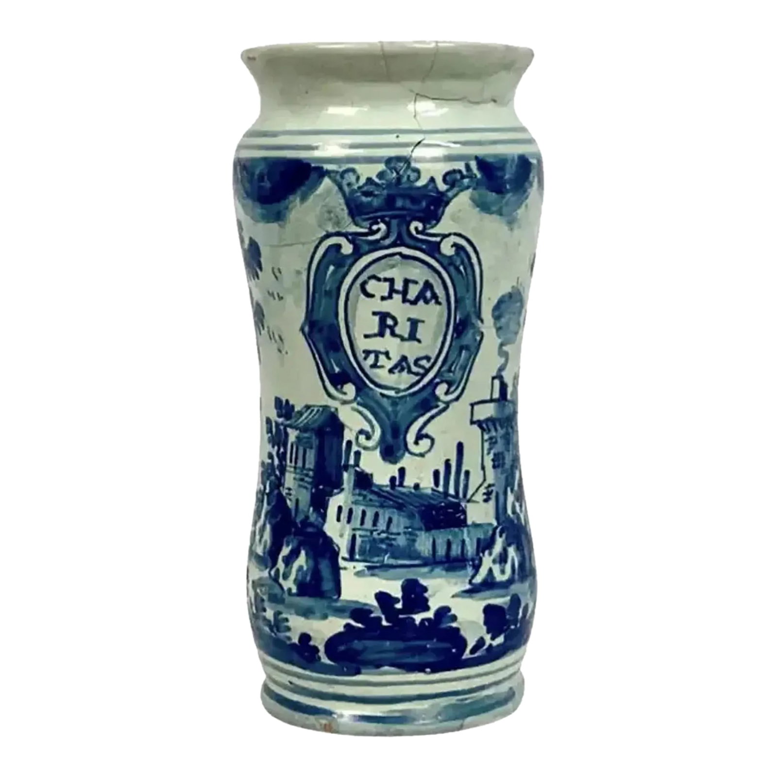 18th Century Italian Maiolica Blue and White Alborello Pharmacy Jar #2: 18th Century Italian Majolica Albarello Pharmacy Jar. Jar is in a cylindrical shape with flared rim and foot. Jar features blue and white pattern with the word "Charitas" in an oval cartouche under a