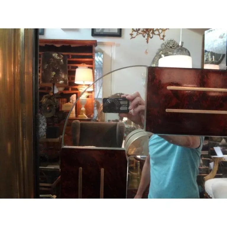 1980s Italian Gio Ponti Style Art Deco Style Burled Wood and Bronze Mirror - 11