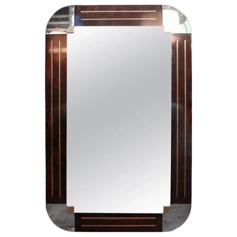 1980s Italian Gio Ponti Style Art Deco Style Burled Wood and Bronze Mirror - 12