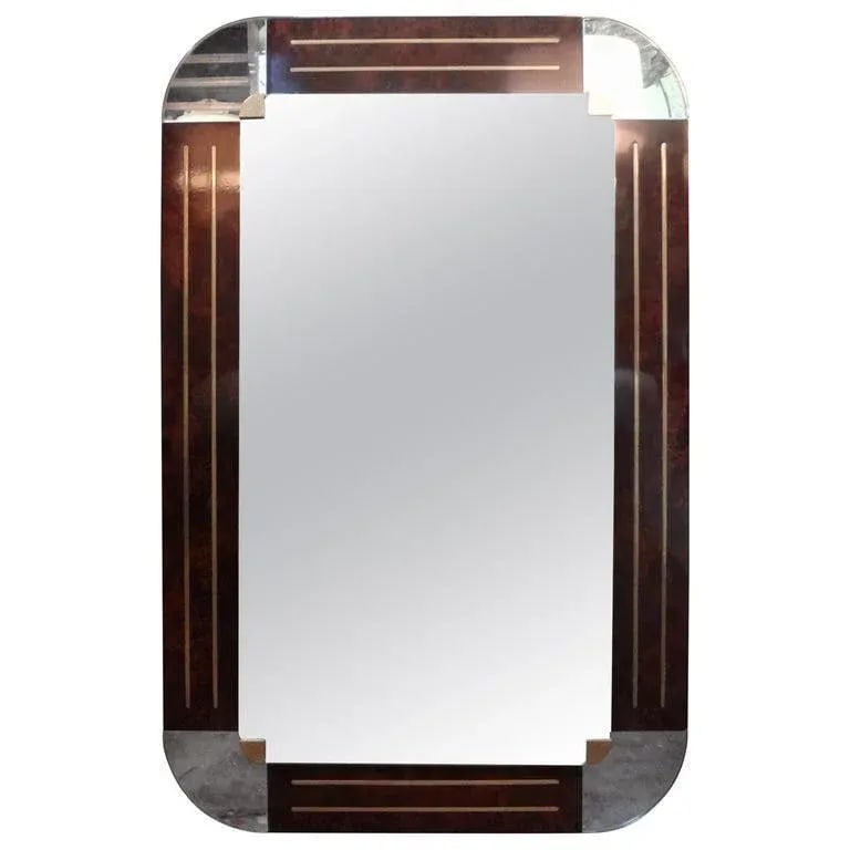 1980s Italian Gio Ponti Style Art Deco Style Burled Wood and Bronze Mirror - 13