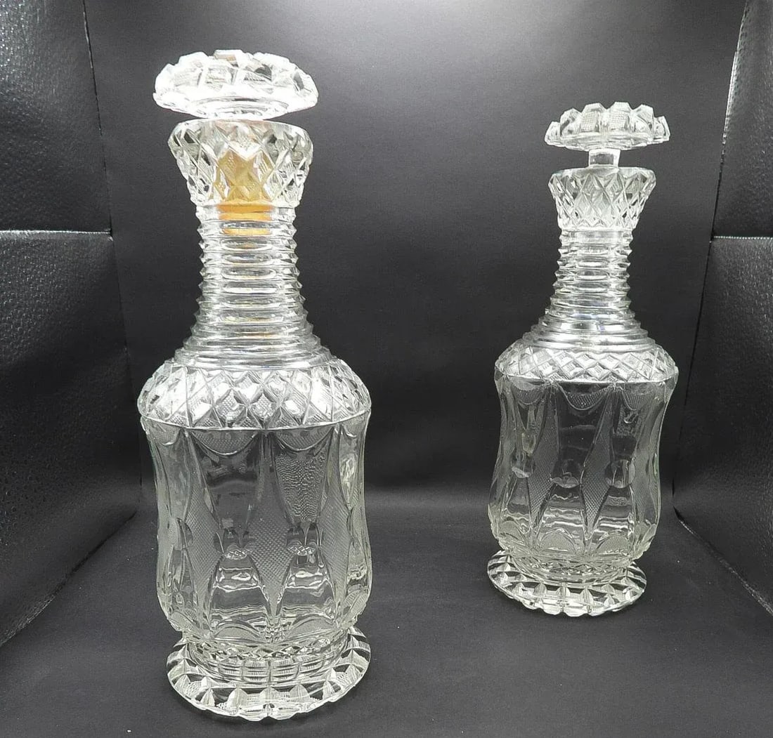 Antique 19th Century Georgian Diamond Cut Glass Wine Spirits Decanters- Set of 2 - 2