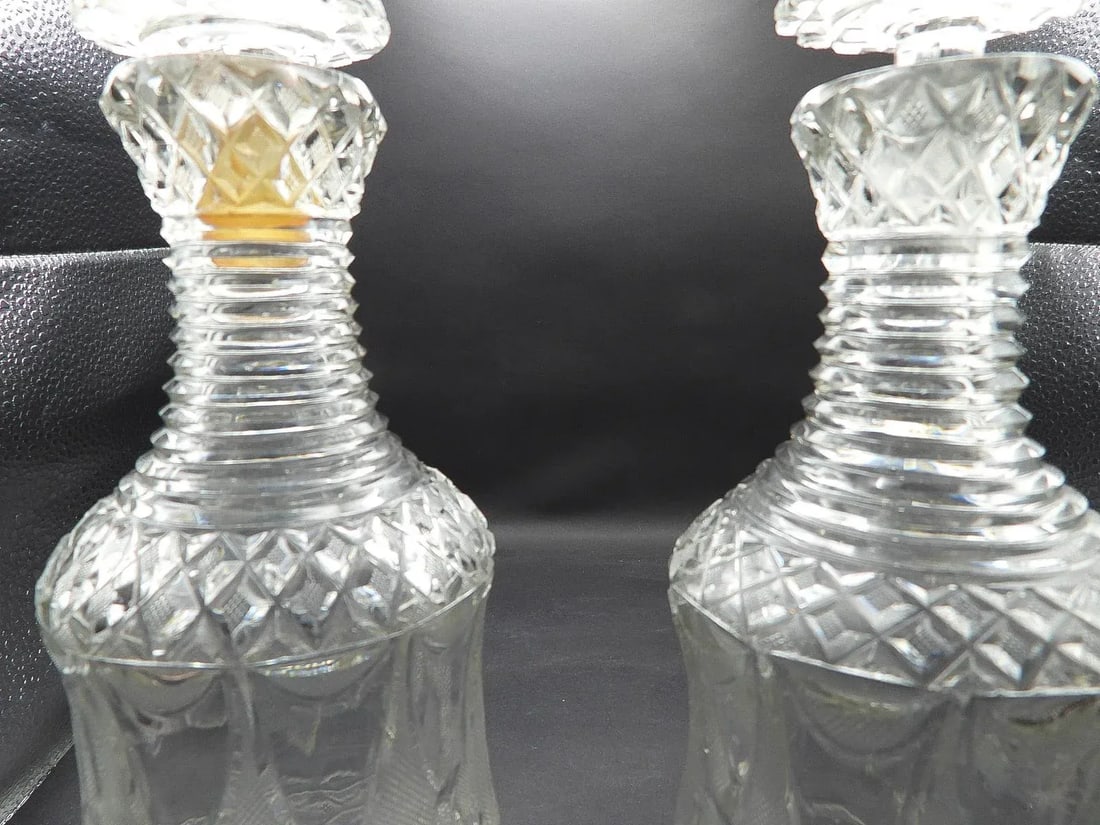 Antique 19th Century Georgian Diamond Cut Glass Wine Spirits Decanters- Set of 2 - 5
