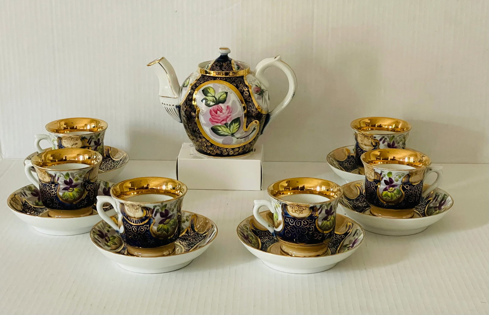 Antique Kuznetsov Cobalt Blue & Gold Tea Set- 14 Pieces - 2