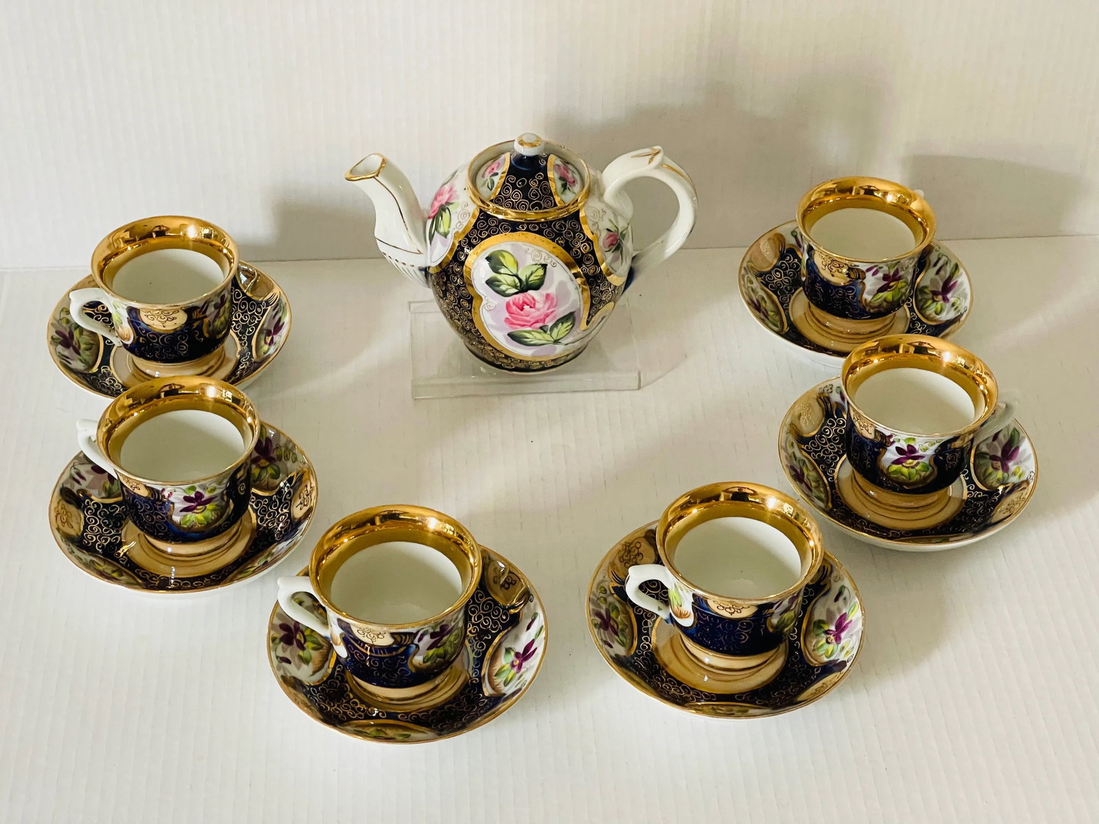 Antique Kuznetsov Cobalt Blue & Gold Tea Set- 14 Pieces - 3