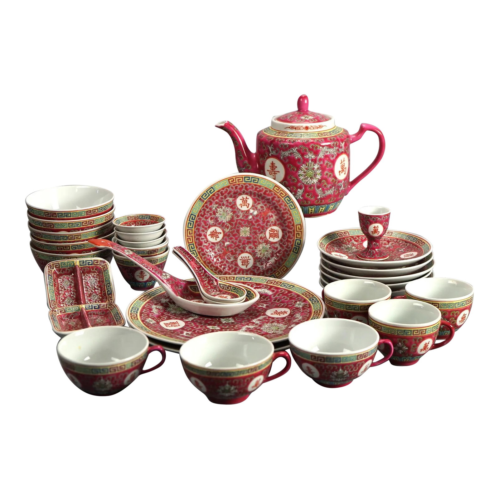 Vintage 33 Piece Chinese Republic Porcelain Tea Set, Circa 1930: Vintage 33 Piece Chinese Republic Porcelain Tea Set C1930. Large Cups - 20" x 4 3/8" x 3 3/4" Little Tea Cups - 3 3/8" x 3" x 2 1/4" Trays - 3 3/8" x 3 3/8" x 5/8" Bowls - 4 1/2" x 4 1/2" x 2 1/4" 2